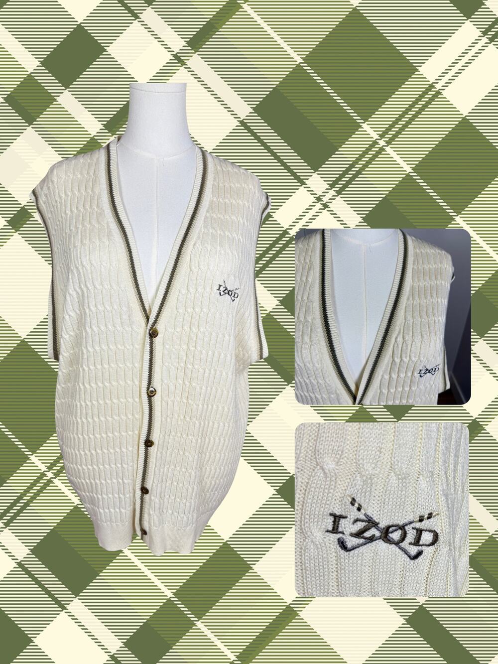 Vintage 90s IZOD Preppy Cable Knit Ivory Moss Green Button-Down Golf Vest Size L